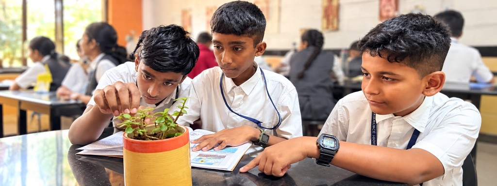 Middle school students examining a plant together in class at Lawrence High School