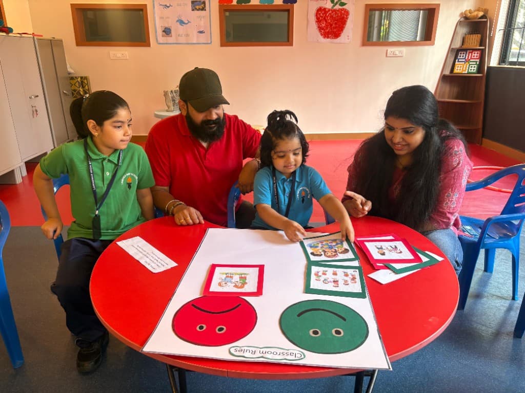 Families learning classroom rules together in a kindergarten classroom