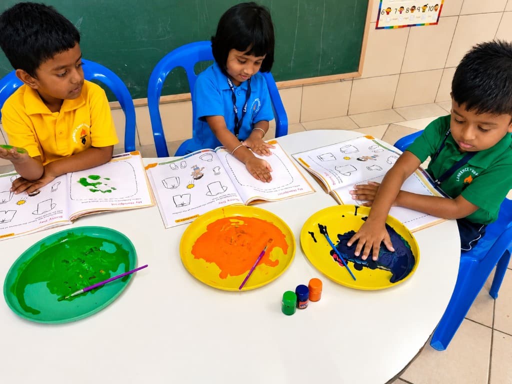 Kindergarten children finger painting at Lawrence High School