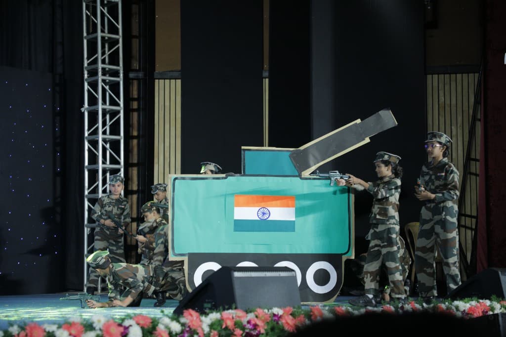 Middle school students performing an army-themed stage play at Lawrence High School