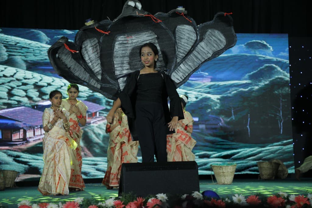 A middle school student performing in a butterfly costume on stage
