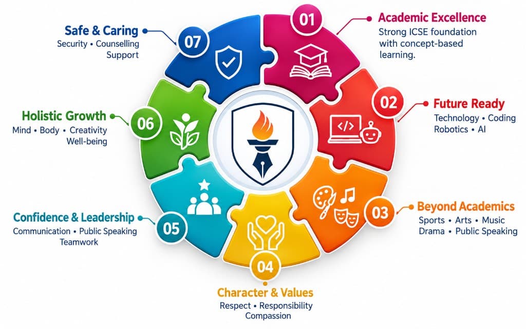 Why choose Lawrence High School: academic excellence, future ready learning, beyond academics, character and values, confidence and leadership, holistic growth, and a safe caring campus